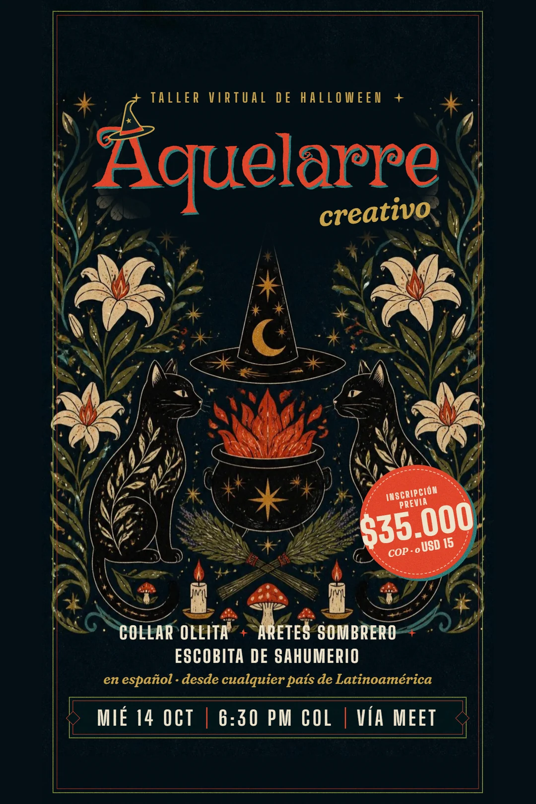 Cartel del Aquelarre creativo: un sombrero de bruja sobre un caldero encendido, entre lirios, mariposas y dos gatos negros