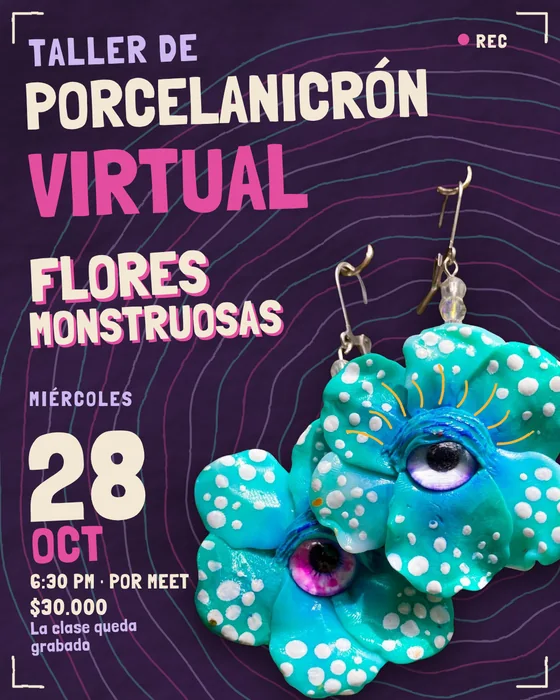 Cartel del taller de porcelanicrón virtual Flores monstruosas: aretes de flores turquesa con puntos blancos y un ojo